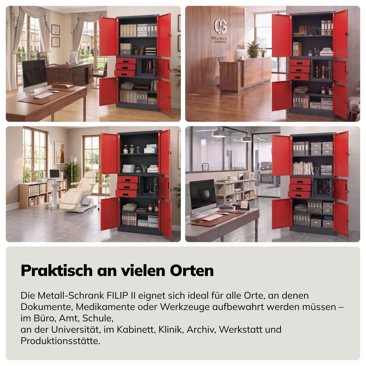 AKTENSCHRANK FILIP II 185x90x40 cm - Anthrazit/Rot, Metall (90/185/40cm) - Jan Nowak