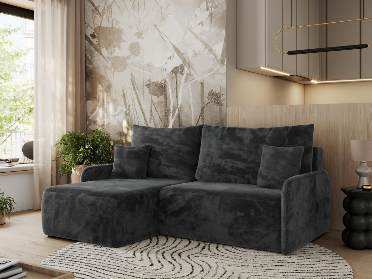 ECKSCHLAFSOFA ARPA L Dunkelgrau Plüsch - links - Dunkelgrau/Schwarz, Kunststoff/Textil (198/150cm) - MKS