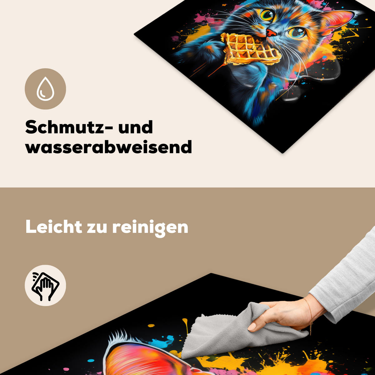 HERDABDECKPLATTE Katze - Graffiti - Bunt - Waffel - Essen Herdabdeckung Induktionsfeld 60x52 cm - Multicolor, Kunststoff (60/52/0.2cm) - MuchoWow