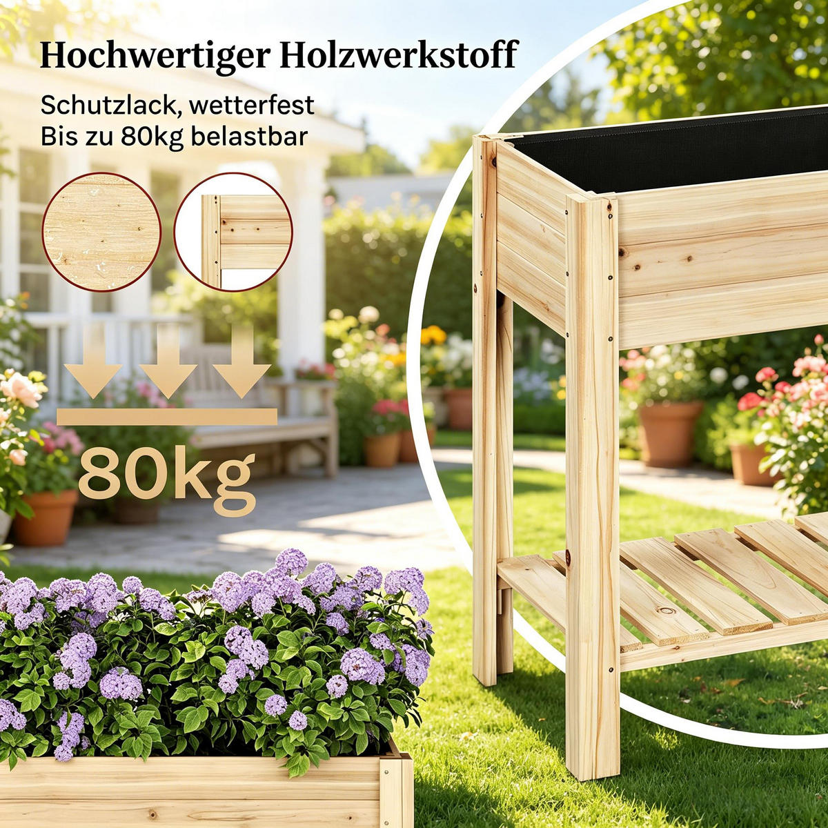 HOCHBEET 80/40/75 cm Holzfarbe mit Lageregal - Naturfarben, Holz/Metall (40/75/80cm) - Oxeza