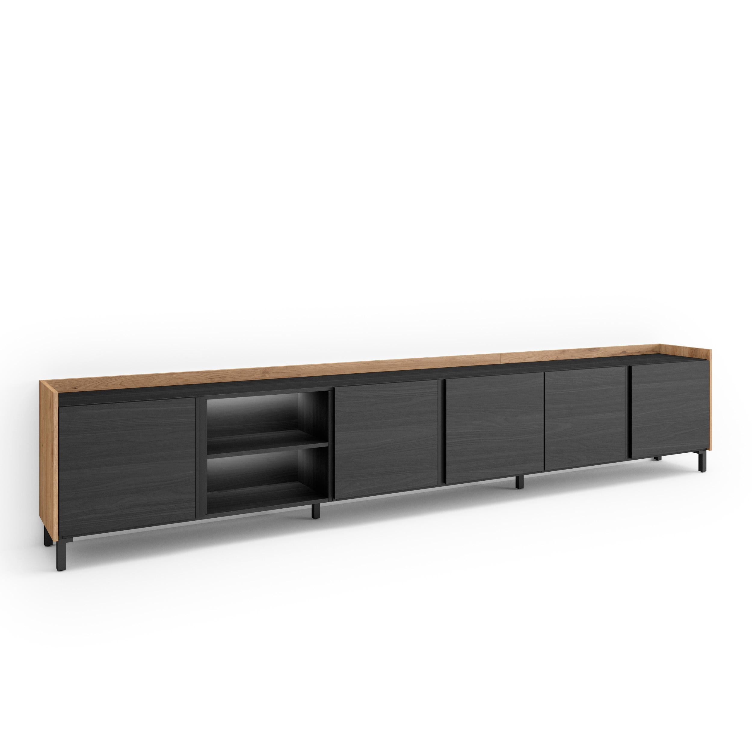 LOWBOARD, Schwarz und Eiche, 309/35/61cm, mit Beinen - Schwarz, Holzwerkstoff (309/61/35cm) - Skraut Home