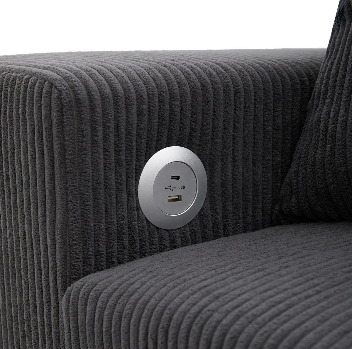 SCHLAFSOFA aus Cord Grau 231x131,5x84 cm mit Stauraum, USB- und Typ-C-Anschluss - Grau, Textil (131.5/84/231cm) - IVMEU