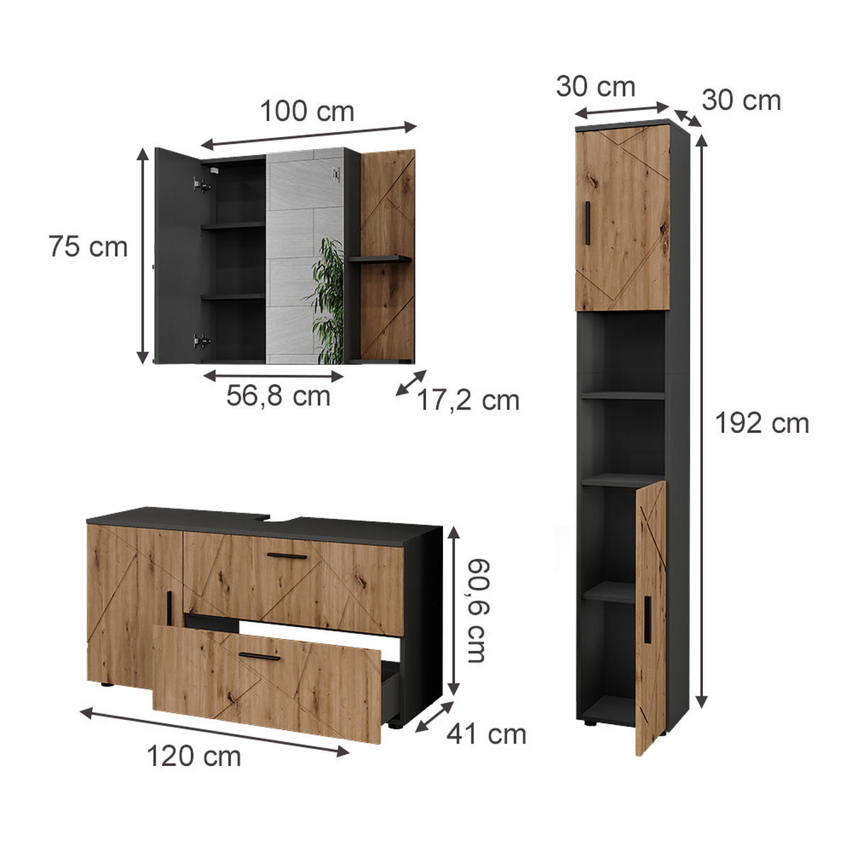 SADA KOUPELNOVÉHO NÁBYTKU Irma Antracit/Artisan - antracitová/dub artisan, kompozitní dřevo (120.1/60.6/41cm) - Vicco