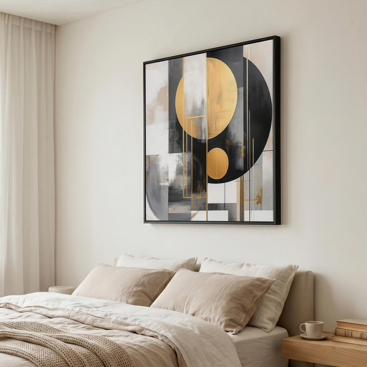 LEINWAND Bilder mit Rahmen - Abstrakt - Gold - Silber - Formen - Ästhetisch - Modern - 90x90 - Goldfarben, Textil (90/90cm) - MuchoWow