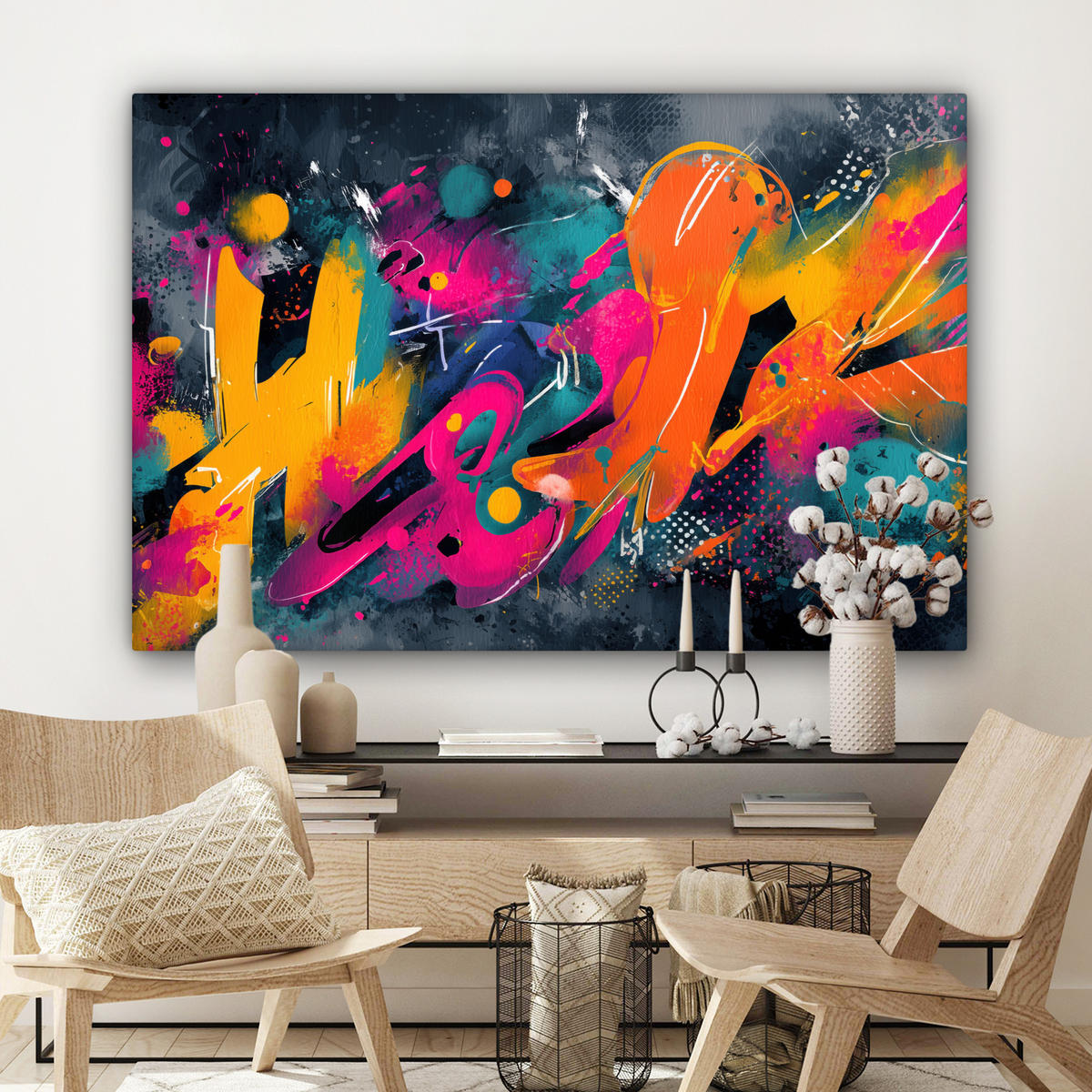 LEINWANDBILD Abstrakt - Graffiti - Farbenfroh - Farbspritzer XXL 150x100 cm - Multicolor, Textil (150/100cm) - MuchoWow