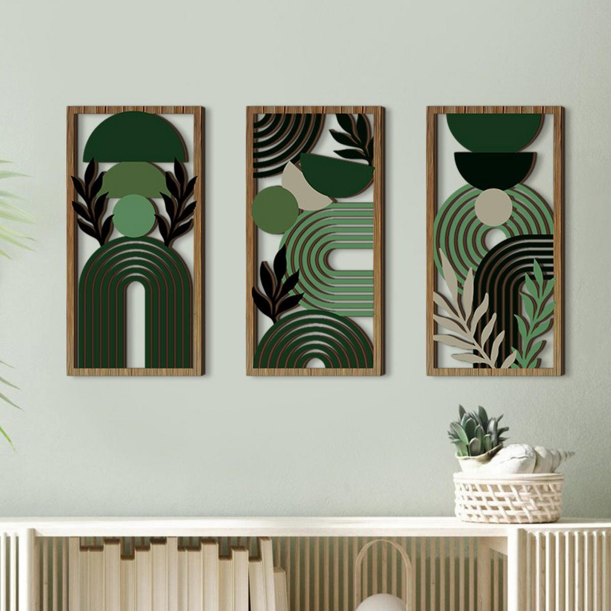 WANDDEKO Schwarz-Grün 30x15cm Boho 3er Set - Pastellgrün, Holzwerkstoff (40/1cm) - Authentics
