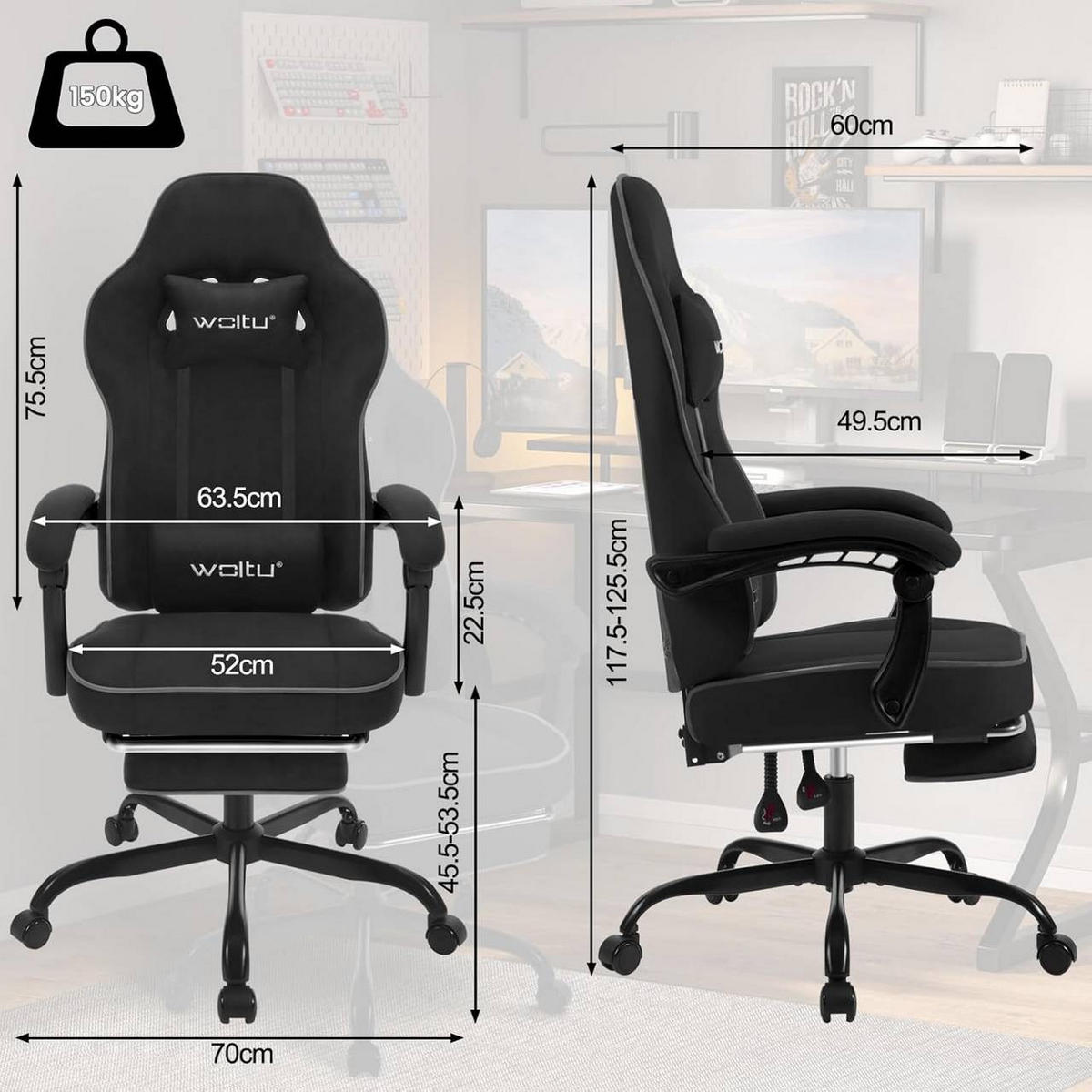 GAMINGSTUHL Drehstuhl, Tech-Stoff, Schwarz - Schwarz, Kunststoff/Textil (63.5/117.5/60cm) - Woltu