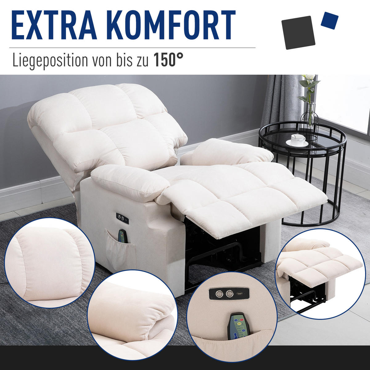 SESSEL mit aufstehhilfe Relaxsessel Fernbedienung USB Kurzplüsch Creme - Weiß, Kunststoff (95/105/83cm) - HOMCOM