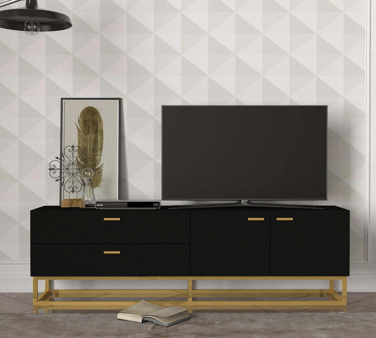 TV-LOWBOARD Theodora Schwarz Gold mit Metall Füße - Goldfarben/Schwarz, Holzwerkstoff/Kunststoff (160/48.1/36.8cm) - moebel17