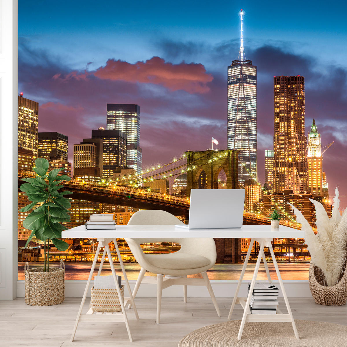 FOTOTAPETE für Wohnzimmer New York Nacht Brooklyn Bridge Wolkenkratzer 300x210 - Blau/Gelb, Papier (300/210cm) - Muralo