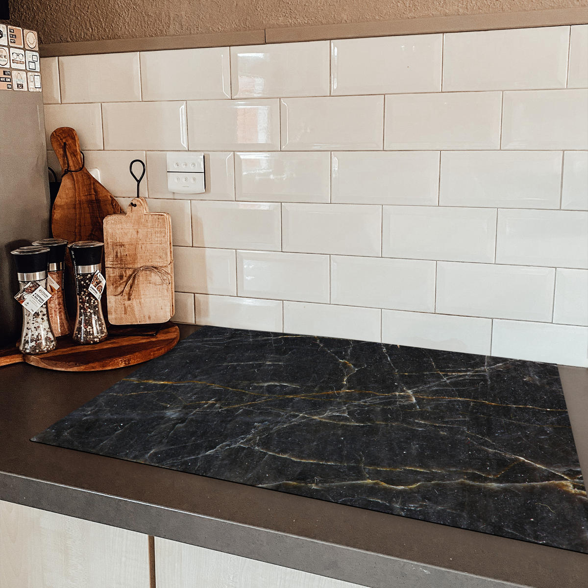 HERDABDECKPLATTE Marmor - Schwarz - Gold - Grau - Marmorstruktur 77x51 cm - Goldfarben, Kunststoff (77/51/0.2cm) - MuchoWow