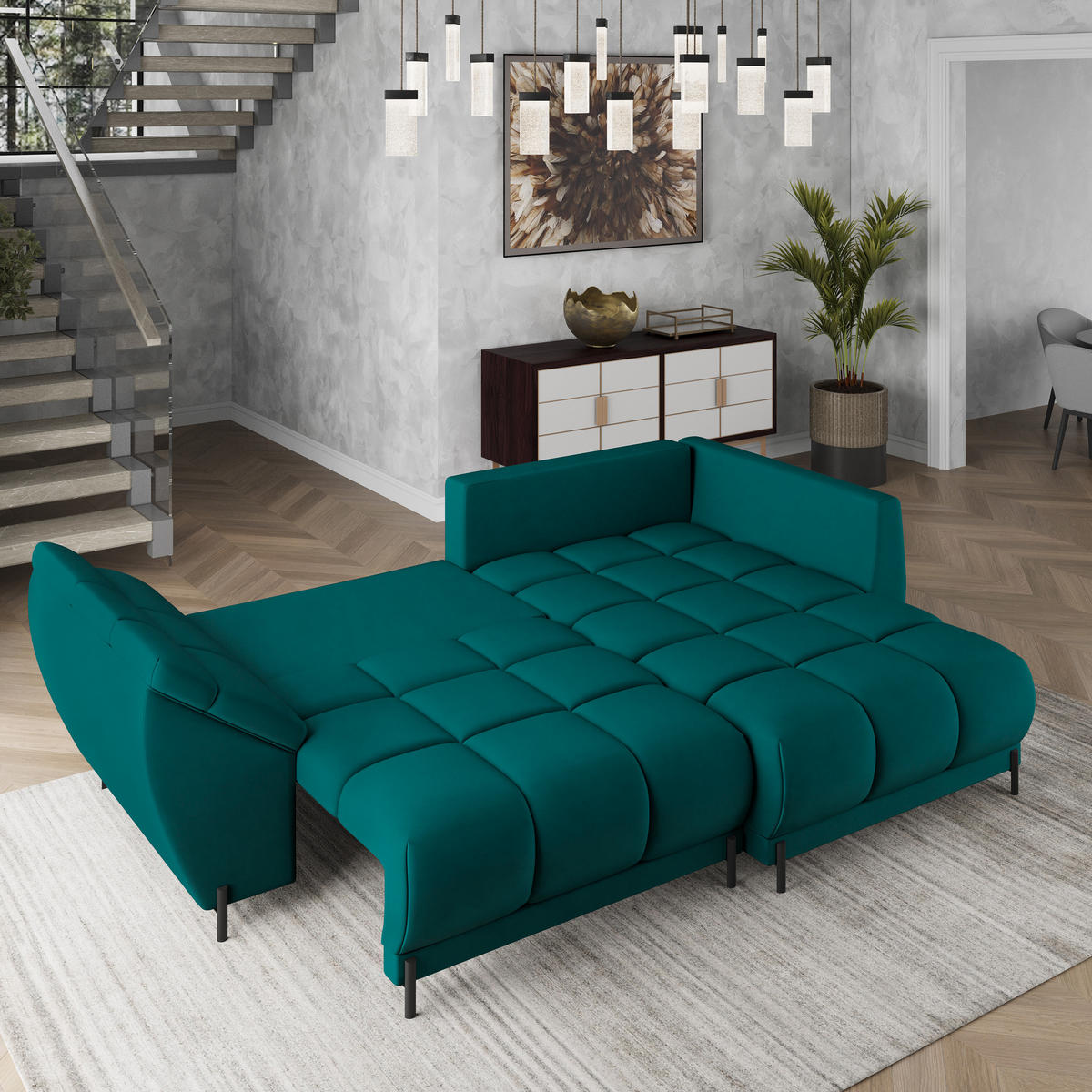 ECKSOFA VESTANO R-S Blau Velours-Stoff mit Schlaffunktion - Blau, Holz (287/182cm) - MASSENO