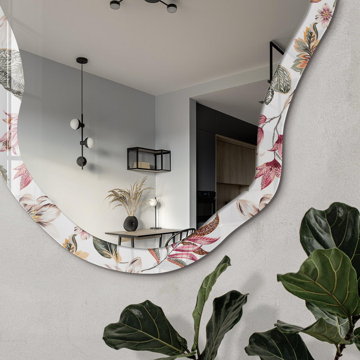 SPIEGEL 90x45 cm asymmetrisch mit Druck - Blumige Frische - Transparent, Glas (45/90/0.4cm) - TULUP