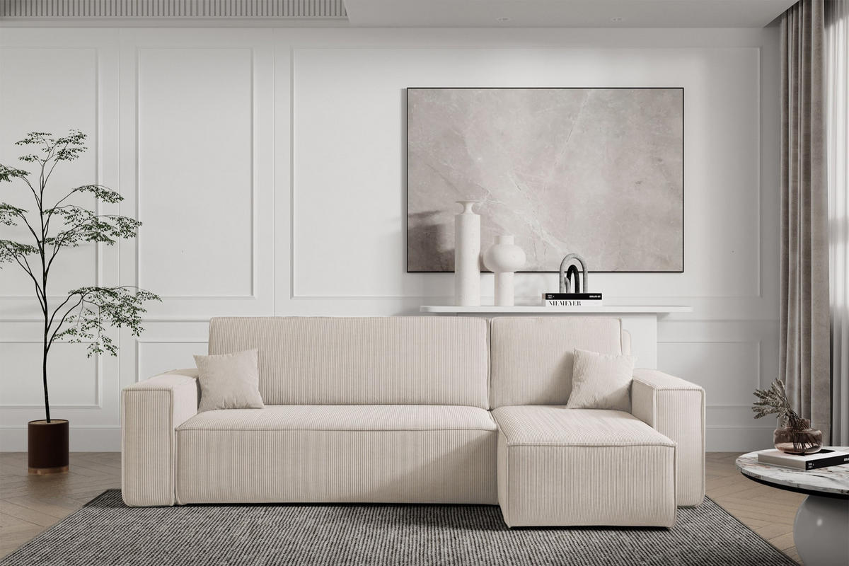 ECKSOFA Scarlo Hellbeige Cordbezug - Ecru/Schwarz, Kunststoff/Textil (244/145cm) - Selsey