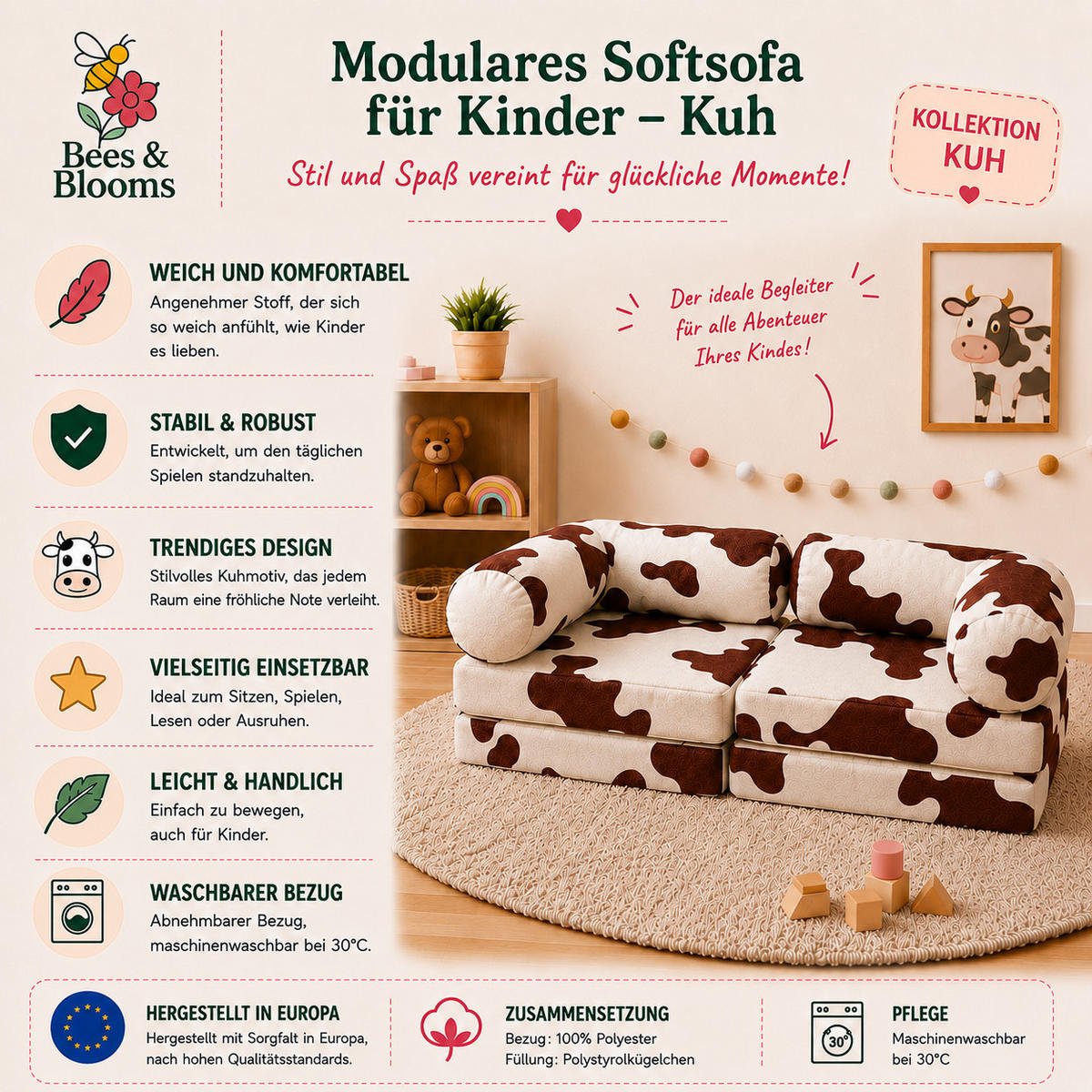 MODULARES Kindersofa Kuh – weiches Spielsofa zum Spielen und Entspannen - Braun, Textil (142/25/71cm) - Bees & Blooms