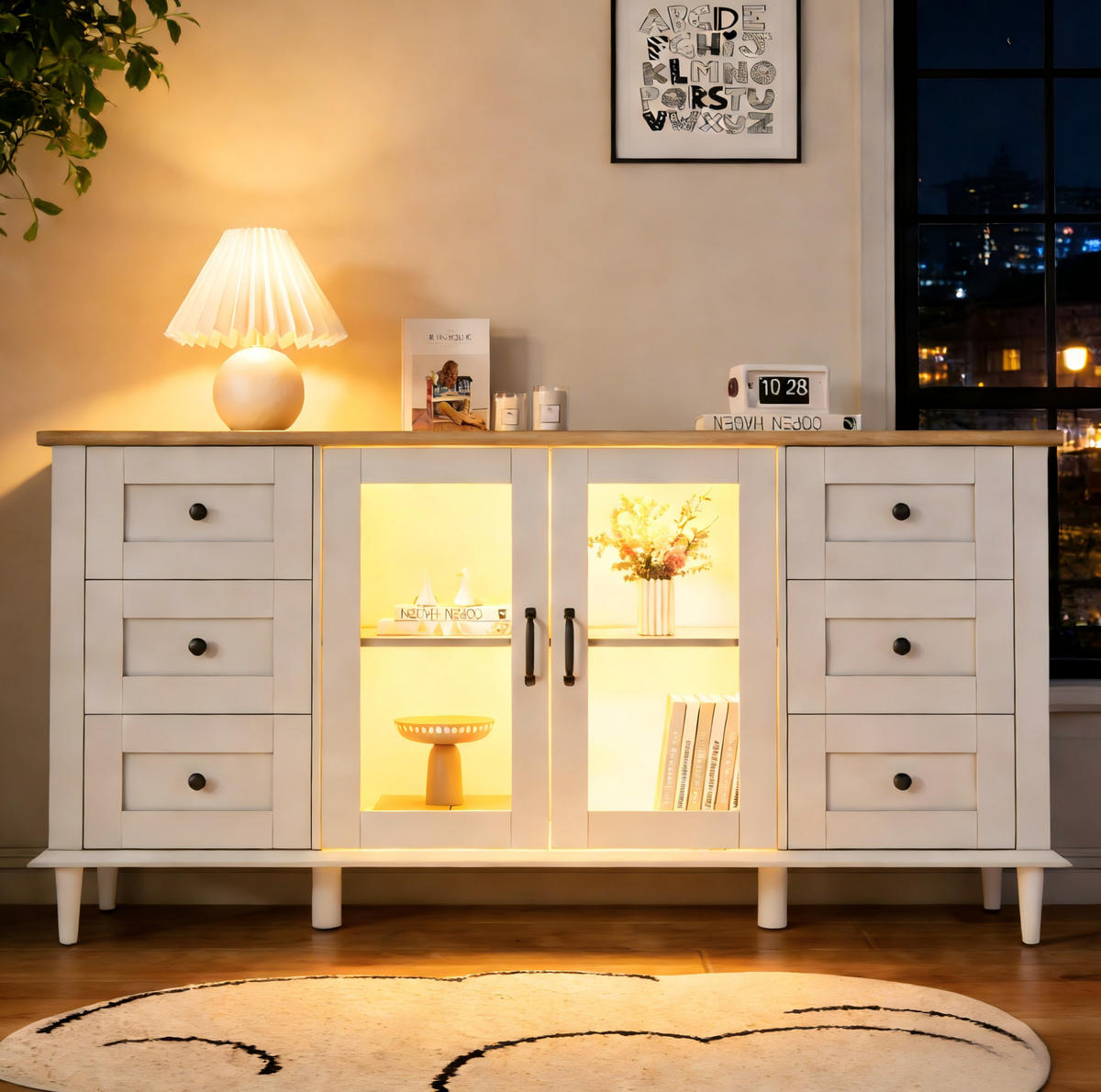 SIDEBOARD 150/40/75 cm mit 6 Schubladen, 2 Acryltüren und LED-Beleuchtung, Weiß/Holzton - Weiß, Holzwerkstoff (150/75/40cm) - Redom