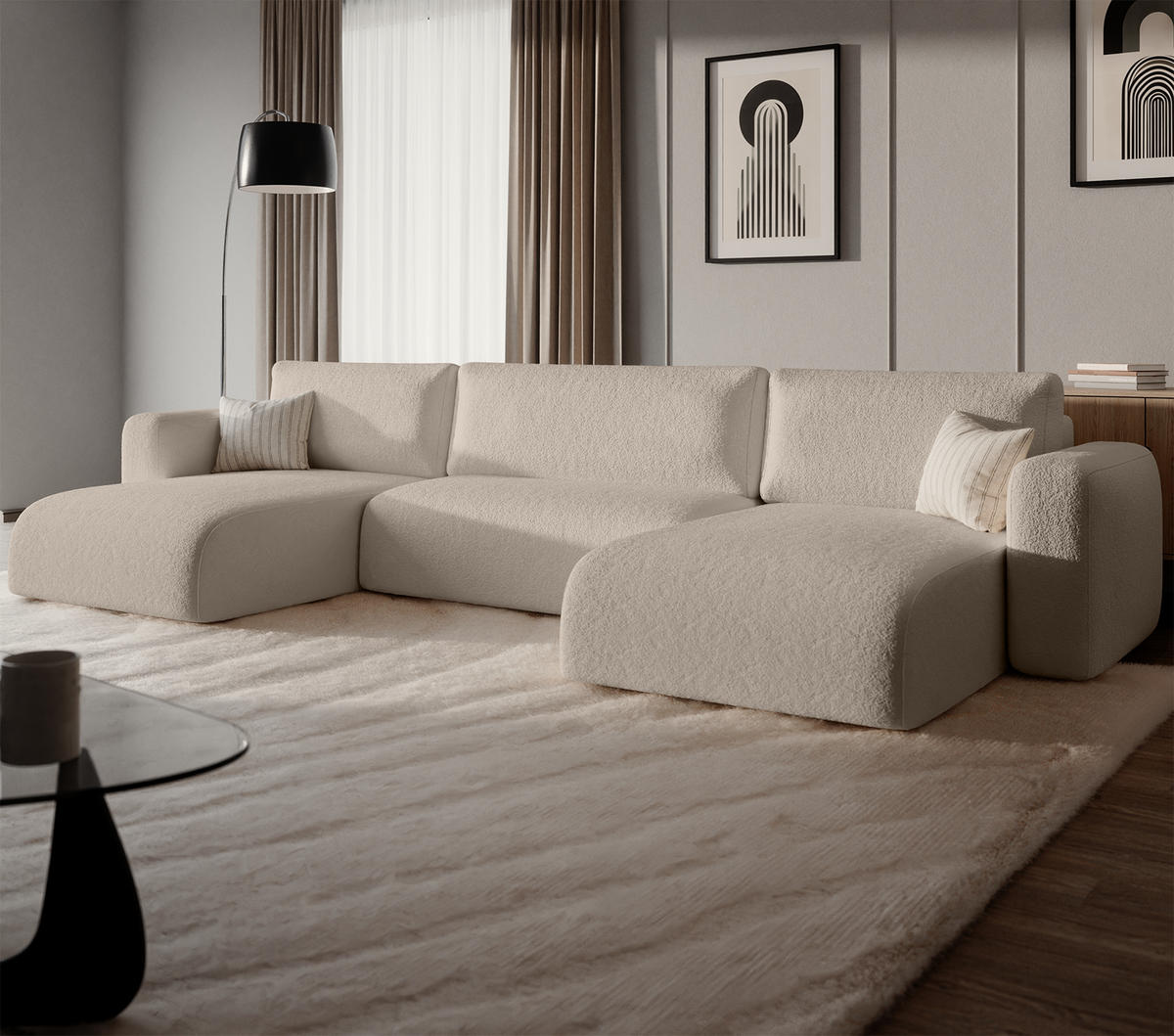 WOHNLANDSCHAFT TALW U mit Schlaffunktion, Beige - Ecru, Textil (398/185cm) - Fedve