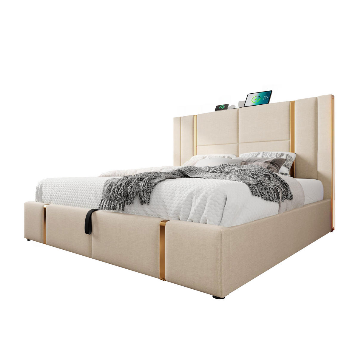 POLSTERBETT 160/200 cm mit Bettkasten, LED-Beleuchtung und USB-C in Beige - Beige, Textil (160/200cm) - BEAOK