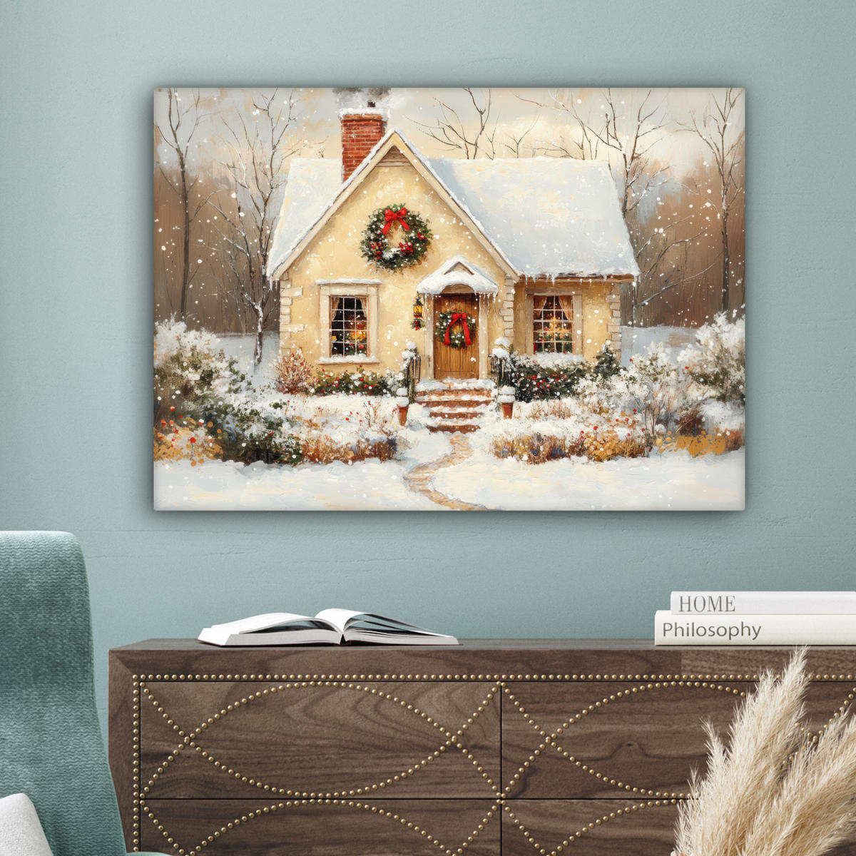 LEINWANDBILD Weihnachten - Zuhause - Winter - Schnee Wandbilder 80x60 cm - Creme, Textil (80/60cm) - MuchoWow