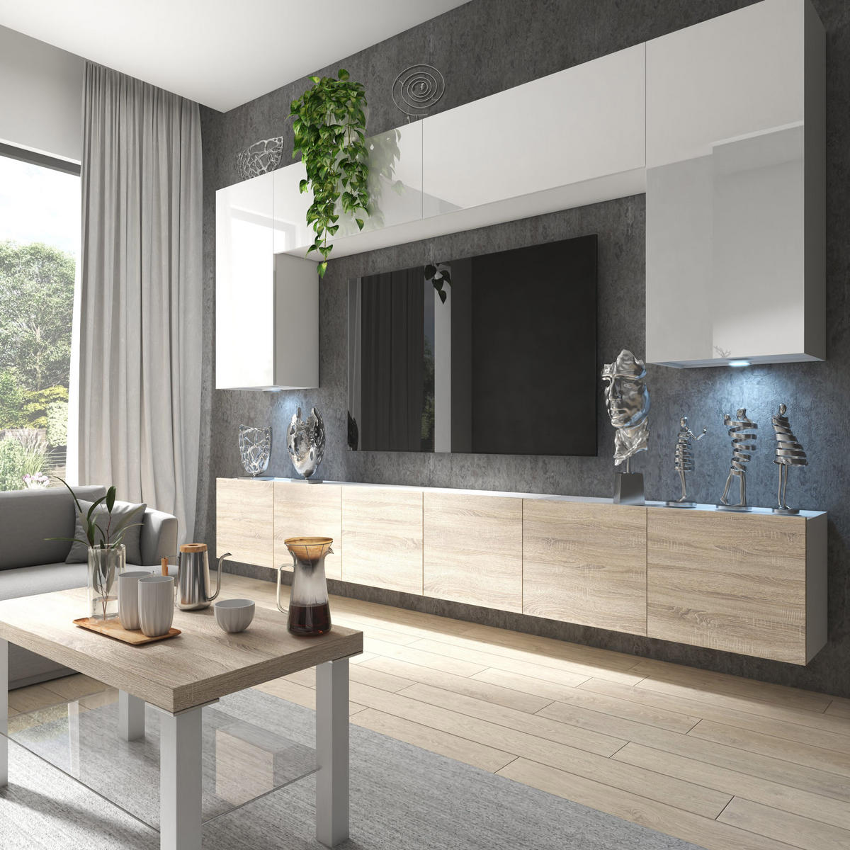 WOHNWAND Milano 2, Weiß/Sonoma Eiche, 300 cm, Grifflos - Weiß, Holz (300/155/36cm) - B BELINI GROUP