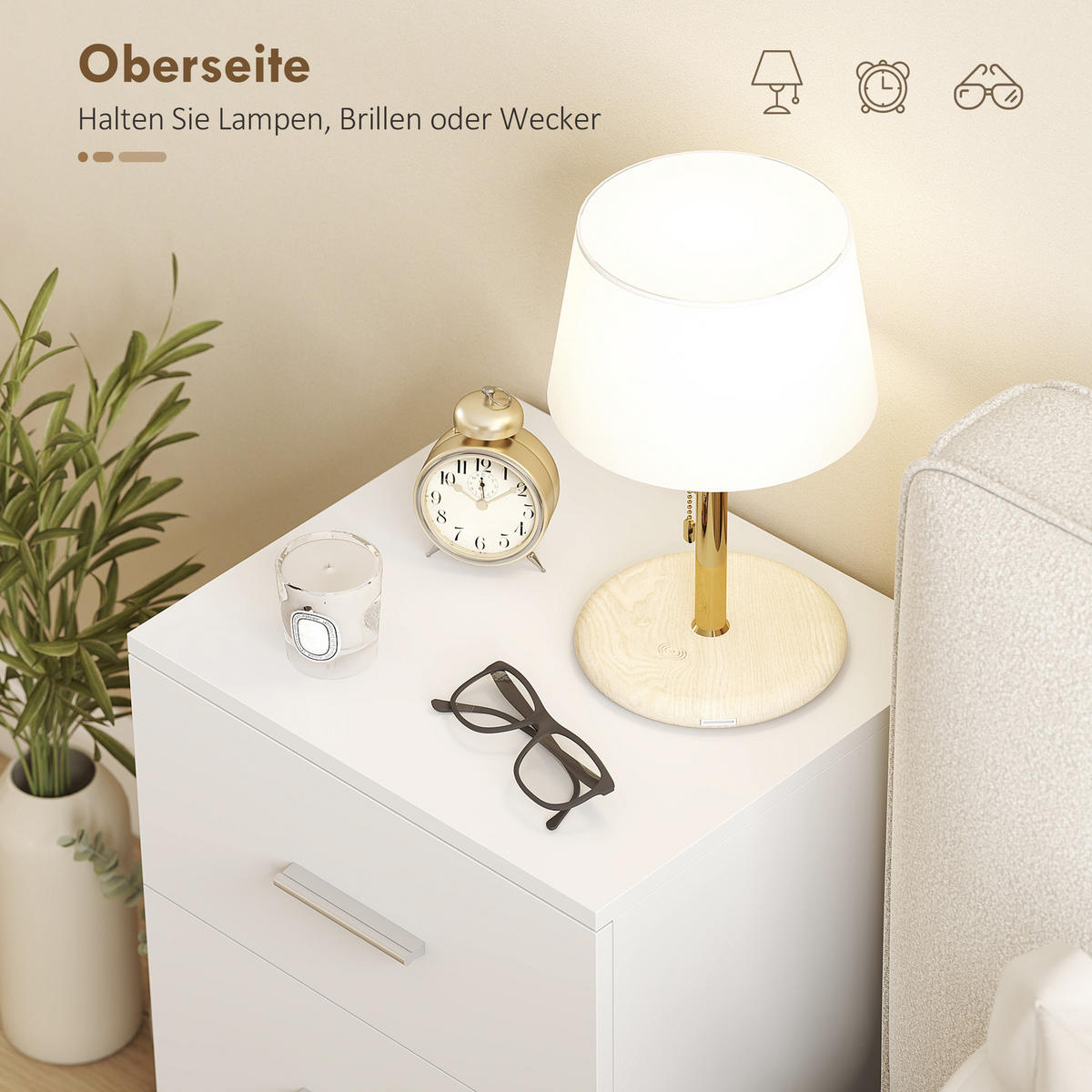 NACHTTISCH mit 3 Schubladen, Beistell-Kommode für Schlafzimmer, MDF, Weiß - Silberfarben/Weiß, Holzwerkstoff/Metall (35/60/40cm) - HOMCOM