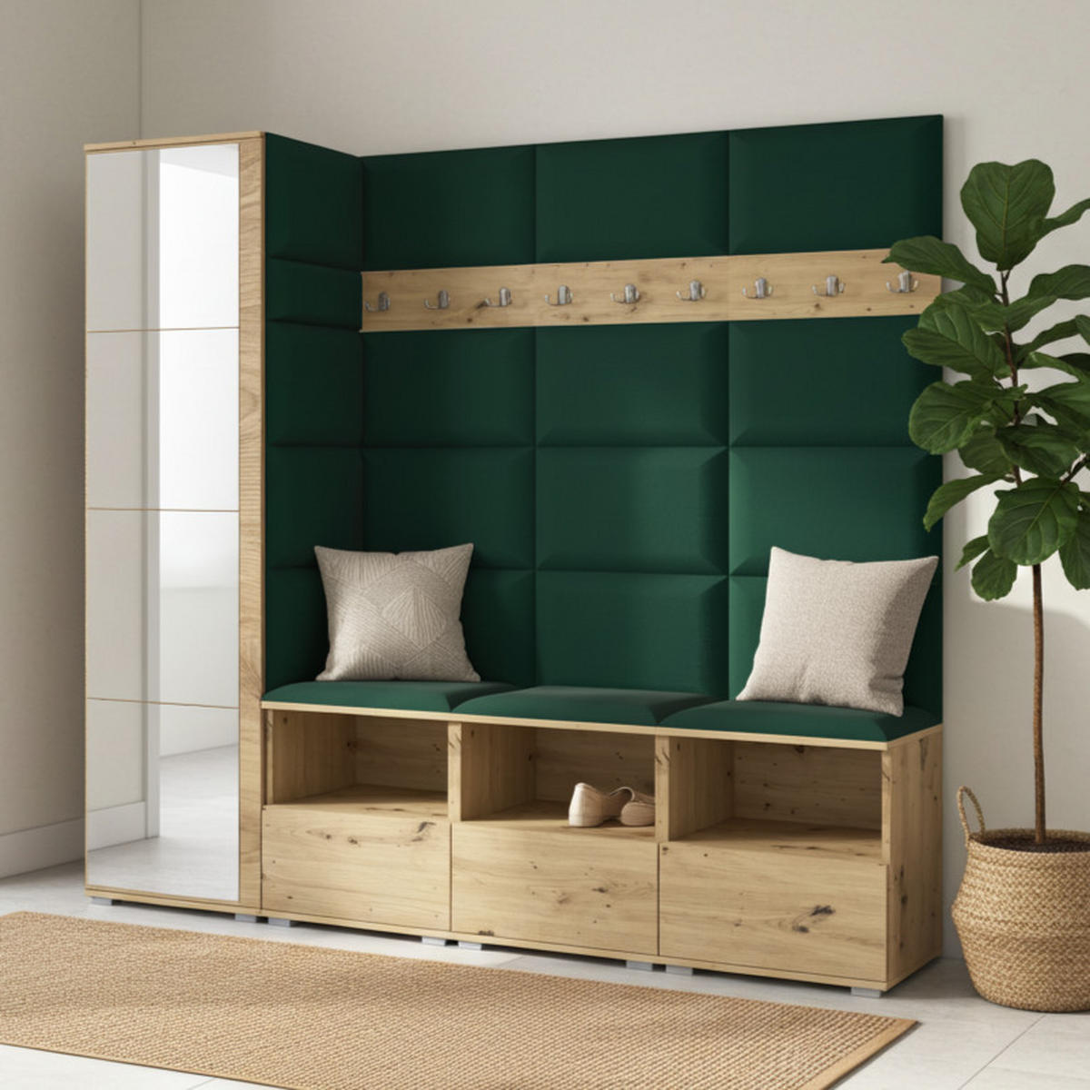 GARDEROBE NELA IX 200 cm (Modulare Flurmöbel Artisan Eiche mit Spiegel & Sitzpolster Flaschengrün 28 Breite Sitzbank) - Dunkelgrün/Silberfarben, Holz/Holzwerkstoff (200/187/40cm) - Ravio