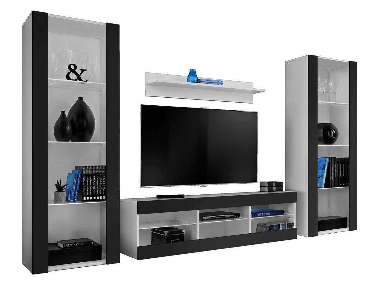 WOHNZIMMERSET TIVOLI GRANDE, 4er-Set, Schwarz - Schwarz/Weiß, Glas/Holzwerkstoff (250/159/35cm) - Komodee