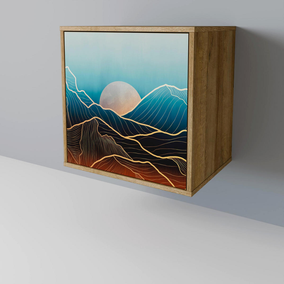 SIDEBOARD LUNAR SECRETS, Eichefarben, 57,5x42x72,5 cm, Schwarze Metallfüße - Eichefarben/Multicolor, Holzwerkstoff/Metall (57.5/72.5/42cm) - SpaceRebels