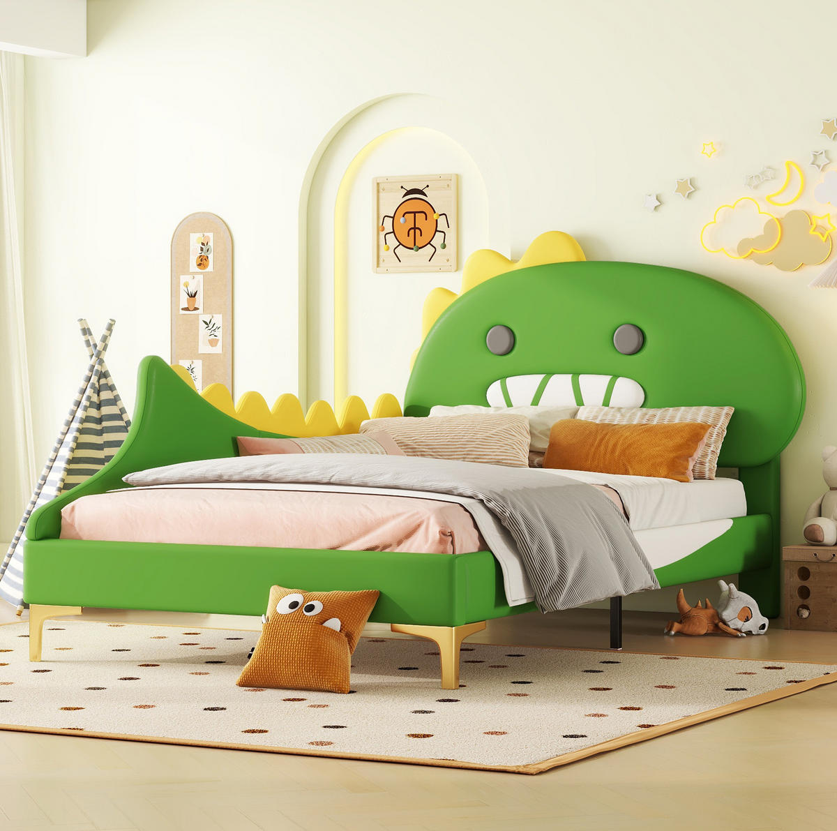 KINDERBETT mit Dinosaurier-Kopfteil 90x200 cm PU Grün - Grün, Holzwerkstoff (90/200cm) - Beauniv