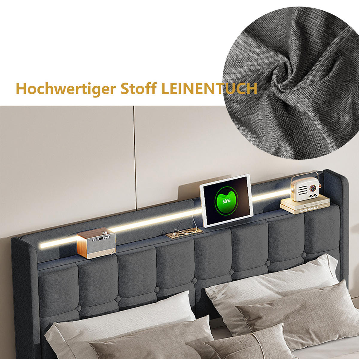 POLSTERBETT 160x200 mit Stauraum, Bettgestell 160x200 mit 4 Schubladen, Kopfteil mit USB und LED, Lattenrost, Bezug aus Leinen, Grau - Grau, Holz/Holzwerkstoff (160/200cm) - GENKI LIVING