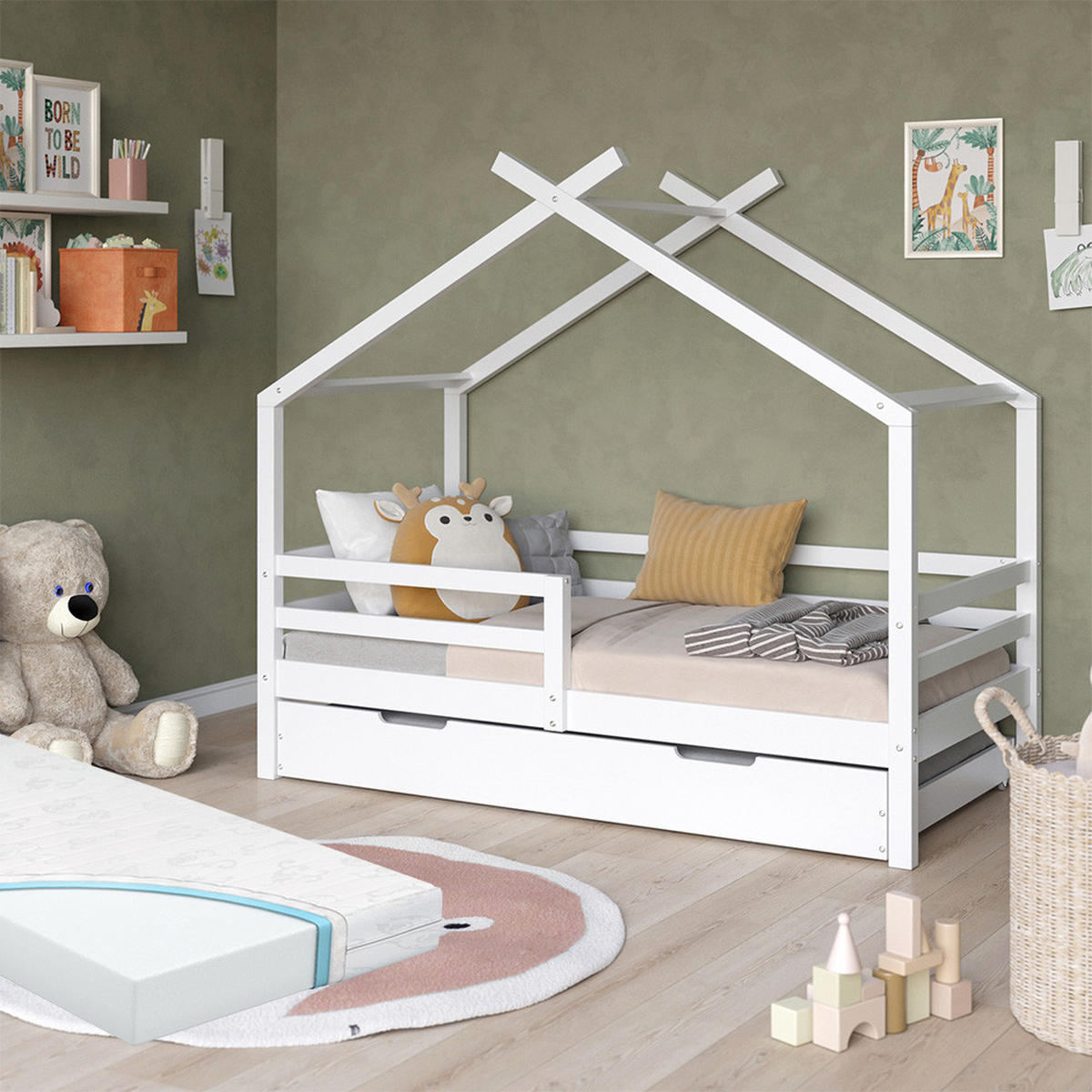 HAUSBETT Luni Weiß 160 x 80 cm mit ausziehbarem Gästebett und Matratzen - Weiß, Holz - VitaliSpa