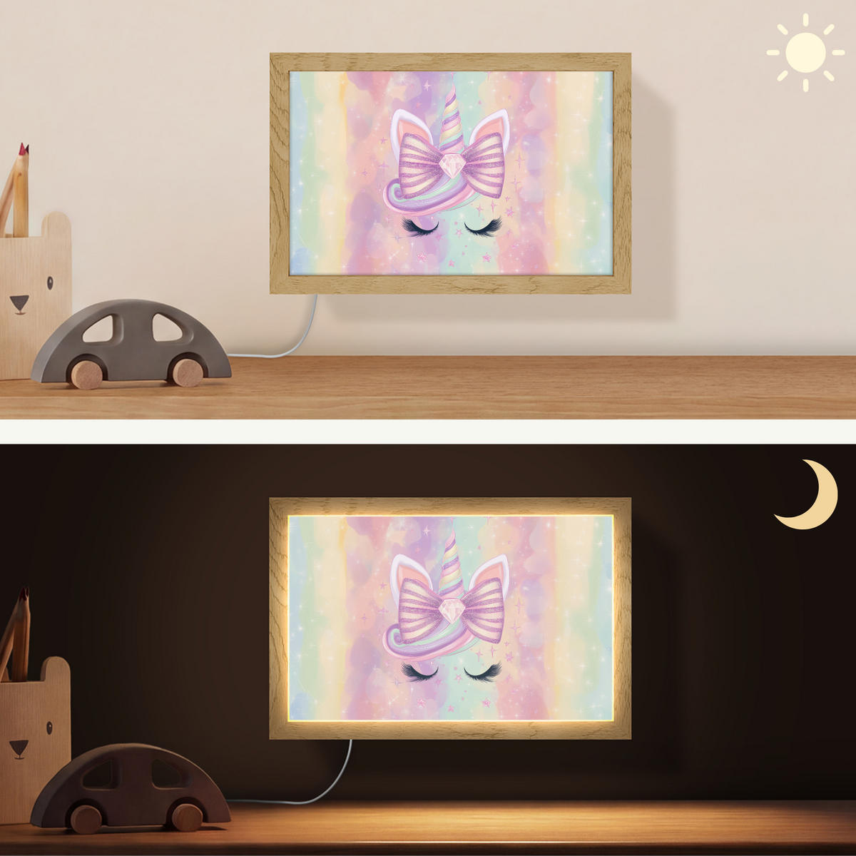 NÁSTĚNNÁ LAMPA Jednorožec - Třpytky - Duha - Pastelové barvy 30x20 cm - světle růžová, kompozitní dřevo (30/20/8cm) - OnlyWow