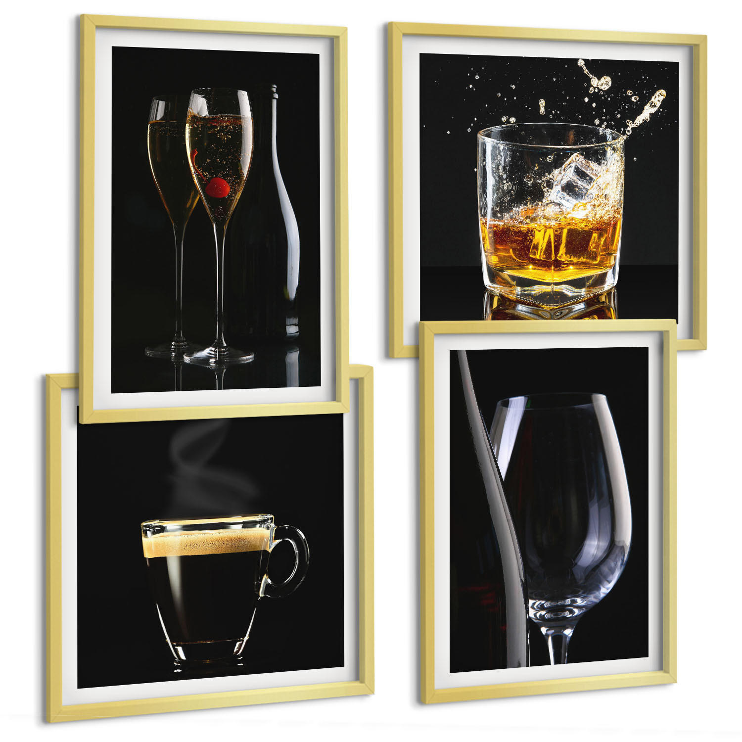 BILDER SET 4er Set - 50x50 cm & 40x60 cm Goldrahmen - Whisky, Wein, Champagner, Kaffee, Alkohol - Goldfarben, Kunststoff (50/50cm) - TULUP
