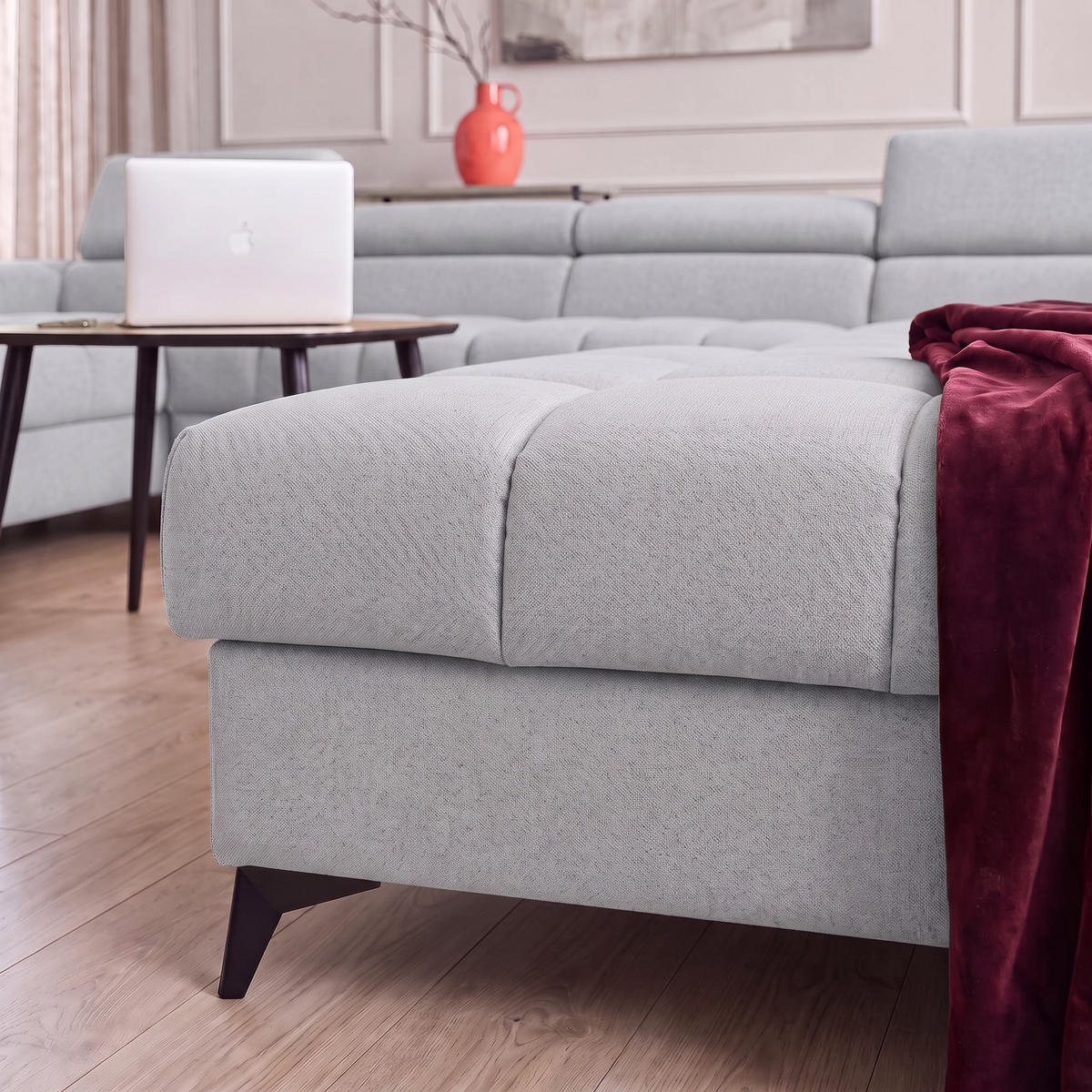 ECKSOFA PUDDING U Links mit Schlaffunktion 125x260 Velours Hellgrau - Hellgrau/Schwarz, Holz/Textil (203/350cm) - Muffo