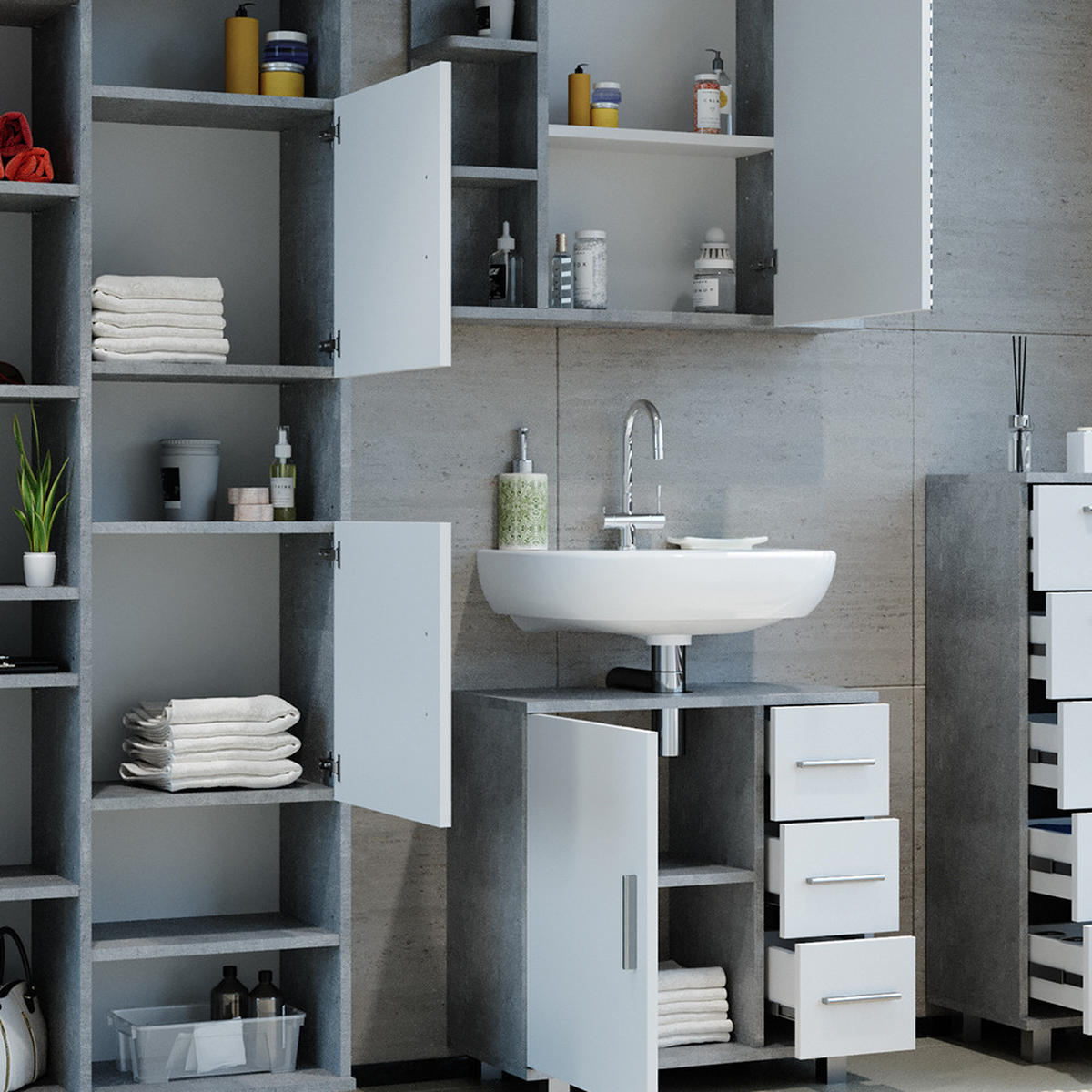 BADMÖBEL-SET Ilias Beton 4 Teile - Schieferfarben/Weiß, Holzwerkstoff (60/60/33cm) - Vicco