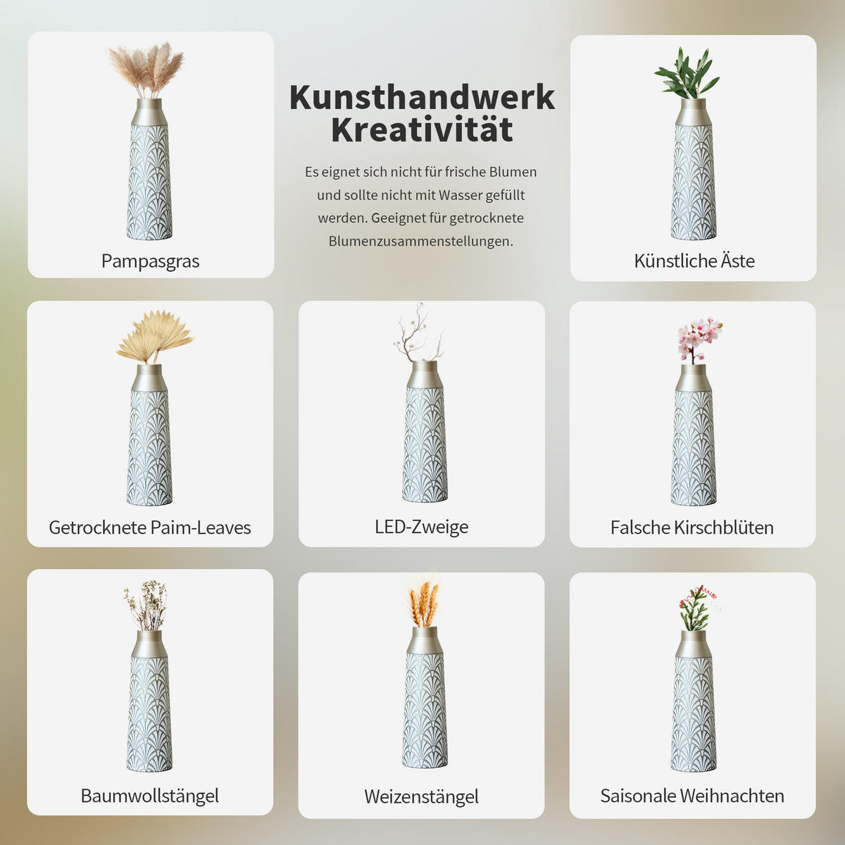 BODENVASE 3-tlg 43,5-61cm Metallbodenvasen Weiß-Silber Fächer-Muster Für Wohnzimmer - Silberfarben, Metall (66.54cm) - Raelunyi