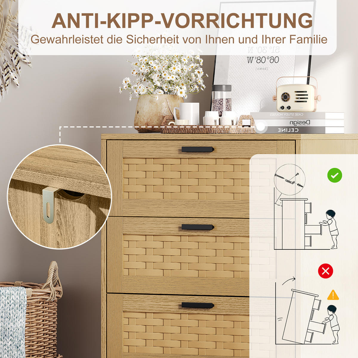 KOMMODE 4 Schubladen 55/39/95 cm Holzoptik Eiche - Eichefarben, Holz/Metall (40/80/115cm) - PARAFTA HOME