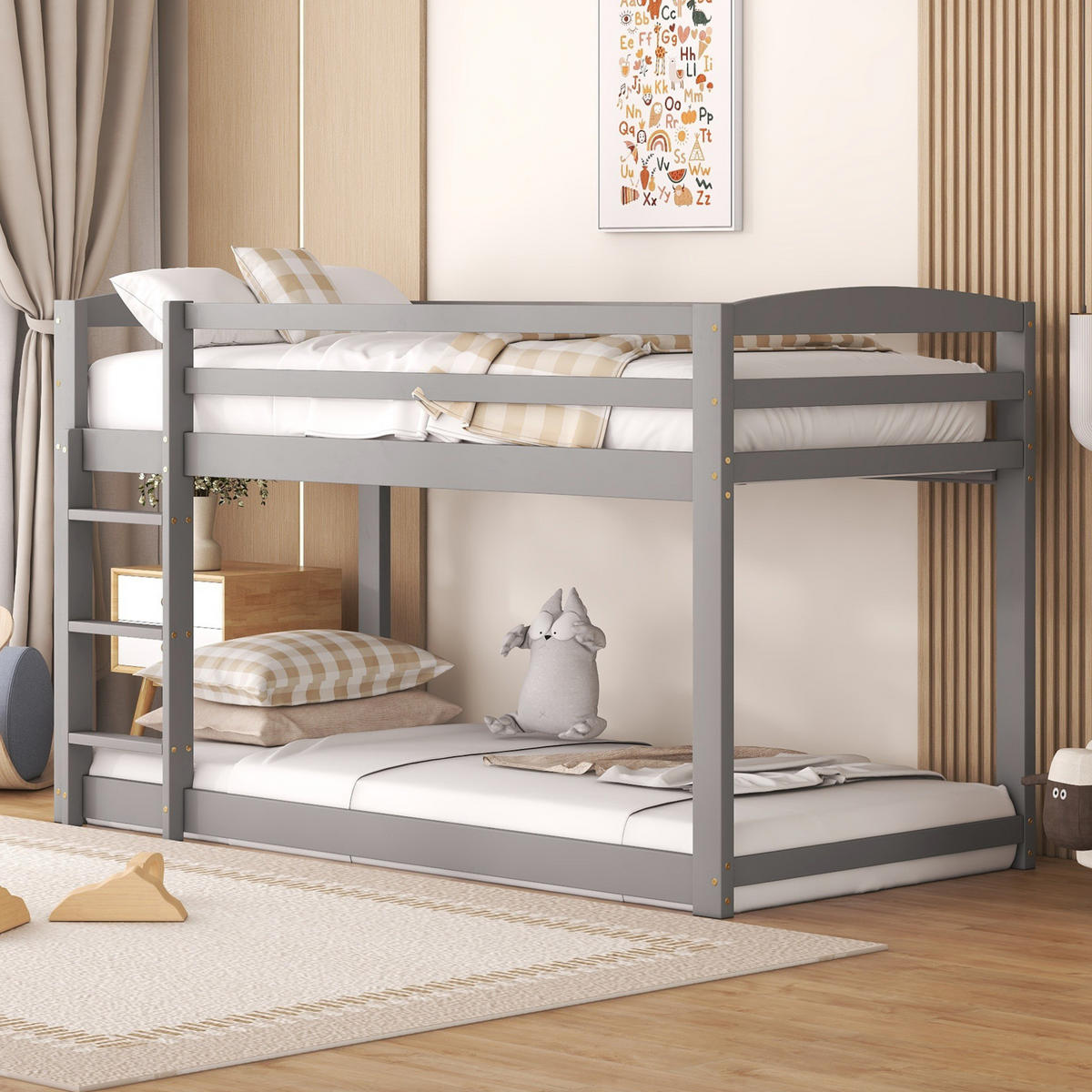 ETAGENBETT 90/200 cm mit niedriger Bauweise und Sicherheitsgeländer aus Kiefer massiv, Natur - Grau, Holzwerkstoff (90/200cm) - Redom