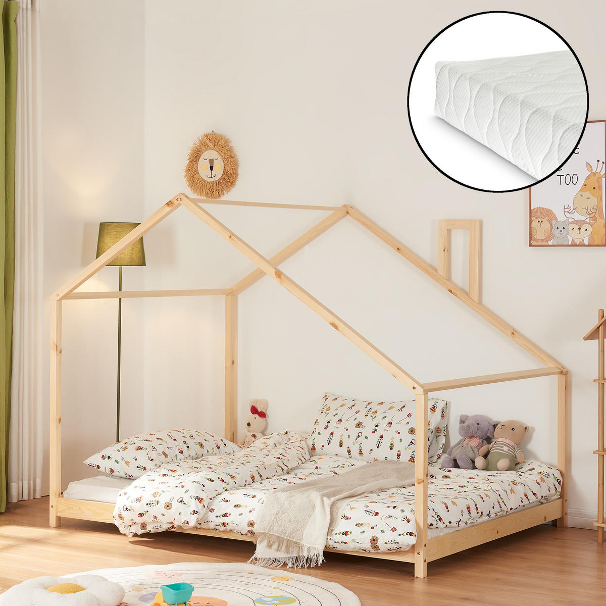 KINDERBETT Siuntio mit Matratze - Naturfarben, Holz (140/200cm) - [en.casa]