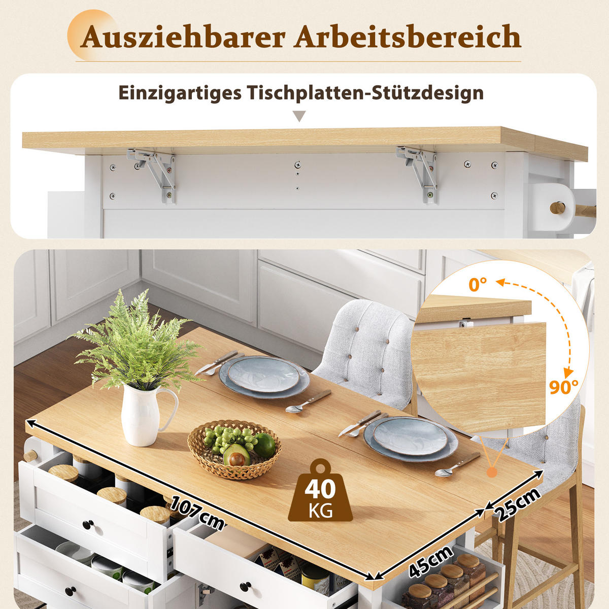 KÜCHENINSEL Servierwagen 107×45–70×90,5 cm aus MDF mit ausklappbarer Arbeitsplatte & 9-Fach-Schublade, weiß-natur - Weiß, Holzwerkstoff (70/90.5/107cm) - Luhomfu