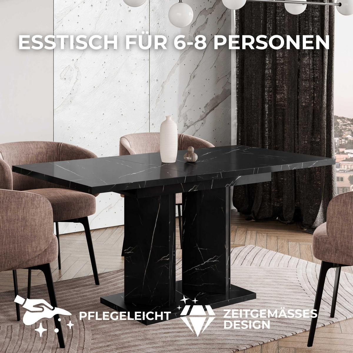 ESSTISCH ausziehbar in Schwarz Marmor-Optik - Schwarz Hochglanz, Holzwerkstoff (80/160/75cm) - Home Collective