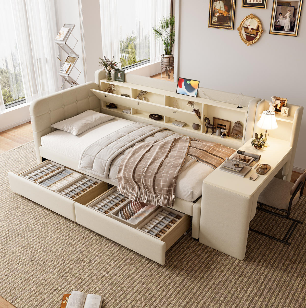POLSTERBETT 90/200 cm in Beige mit Schreibtisch, 2 Schubladen und USB - Beige, Textil (90/200cm) - Flora Grace