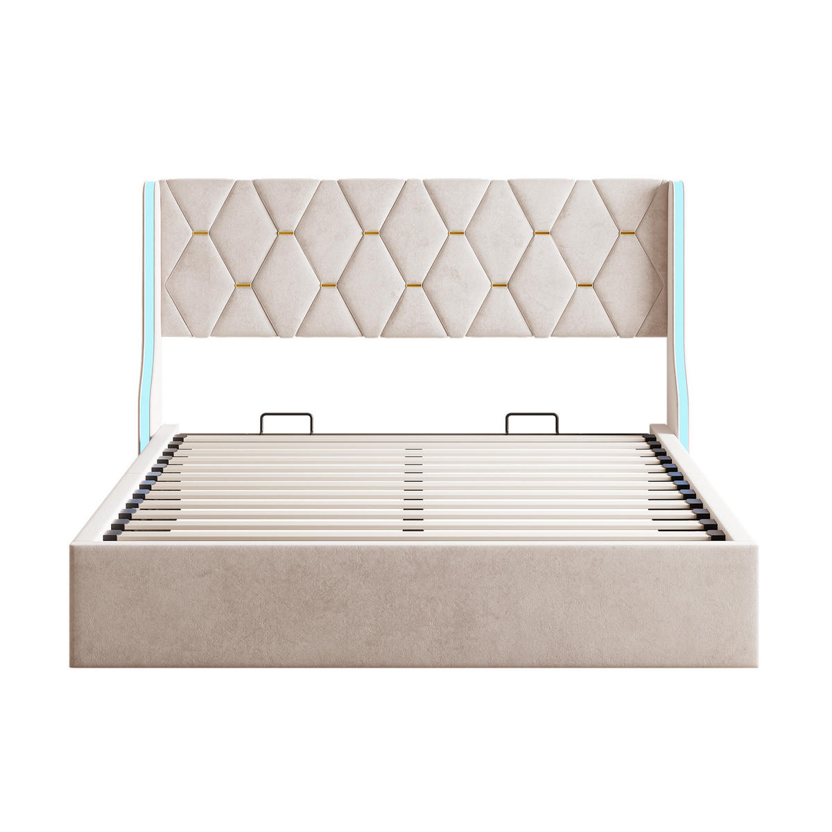 POLSTERBETT 140/200 cm mit LED-Beleuchtung & Hydraulik-Stauraum, Samt gepolstertes Steppkopfteil, Lattenrost inklusive - Beige, Holz/Metall (140/200cm) - Joyfair