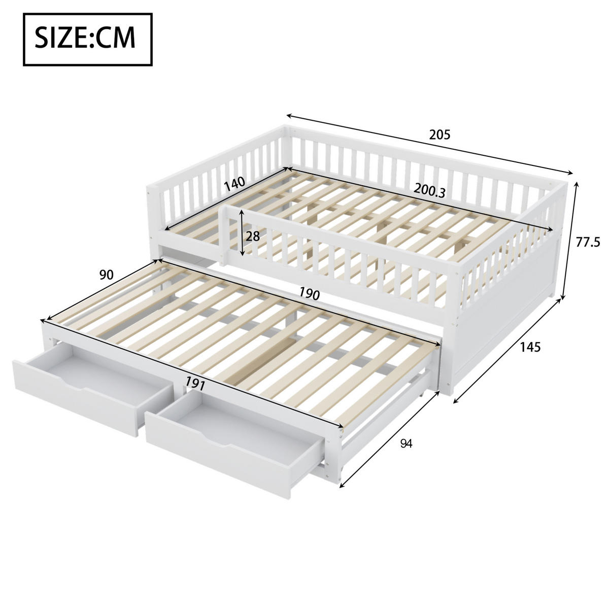 KINDERBETT aus Massivholz 140x200 cm in Weiß mit Ausziehbett & 2 Schubladen - Weiß, Holz (140/200cm) - Modfu