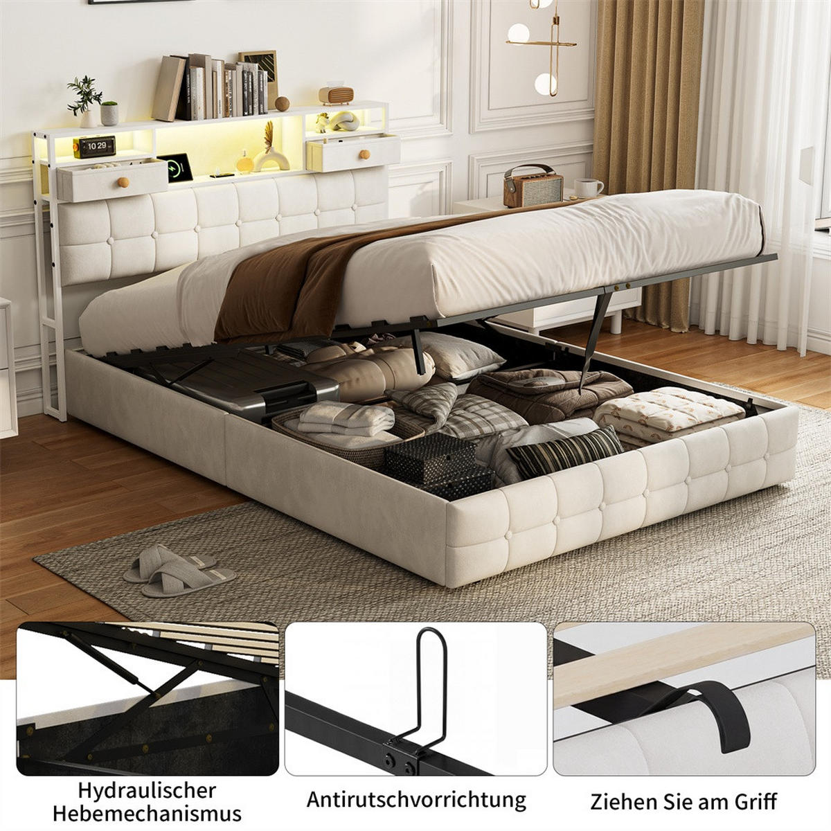 POLSTERBETT 140x200 cm - mit LED-Beleuchtung, 2 Nachttisch-Schubladen und hydraulischem Bettkasten - Beige - Beige, Textil (140/200cm) - DELFA