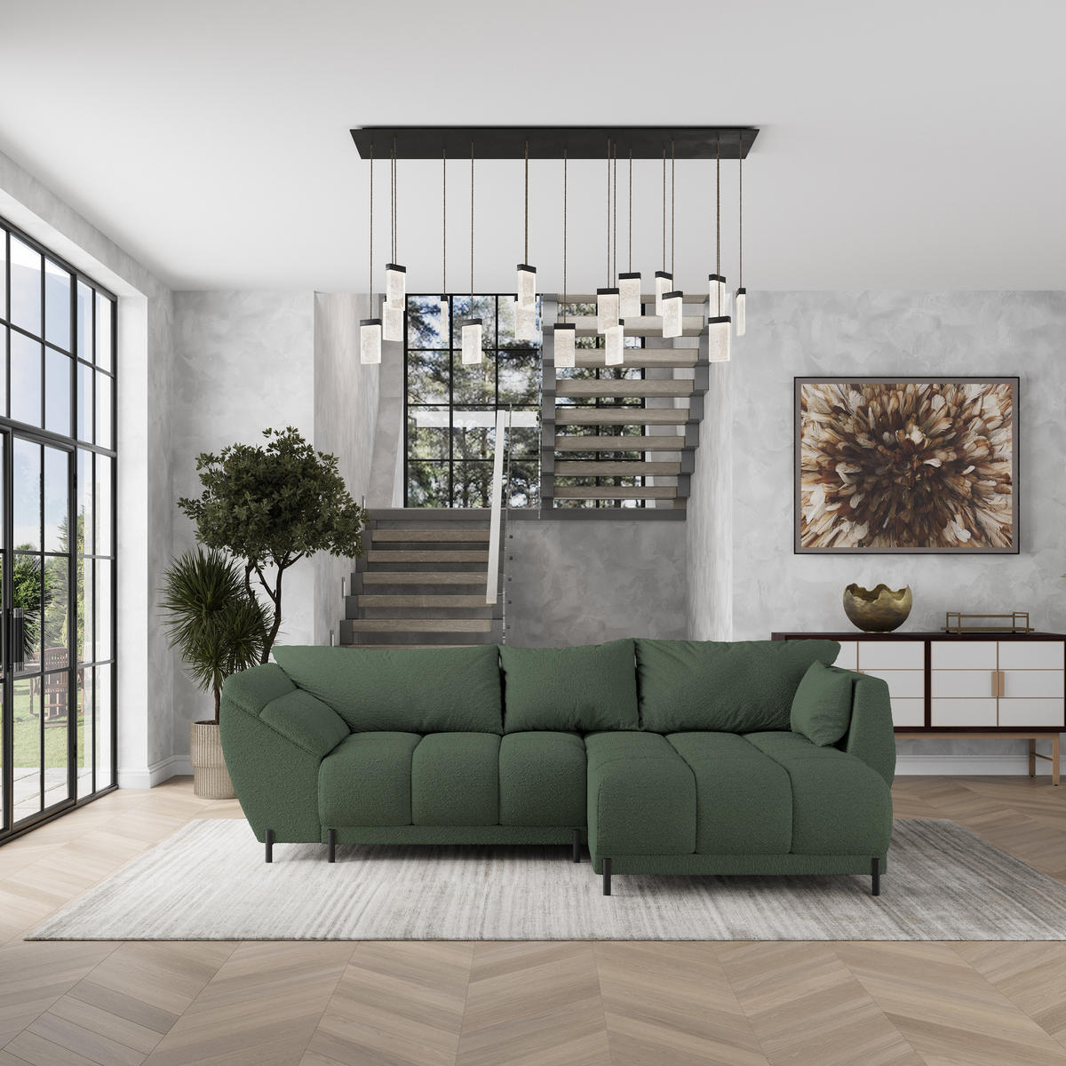 ECKSOFA VESTANO R-S Grün Boucle-Stoff mit Schlaffunktion - Grün, Holz (287/182cm) - MASSENO