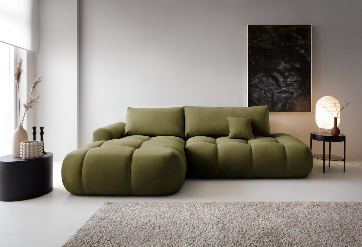 ECKSOFA Ombo Olivgrün Velours 280 cm - Schwarz/Olivgrün, Kunststoff/Textil (280/165cm) - Selsey