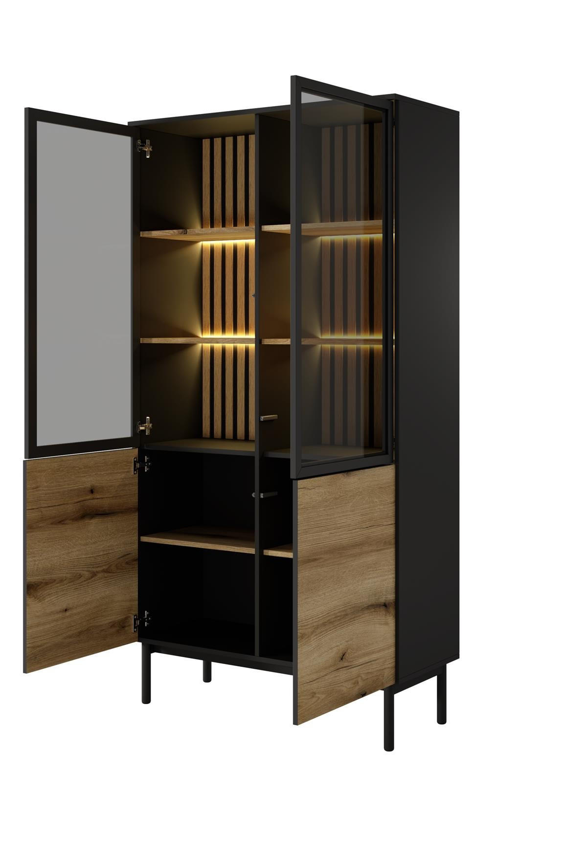 VITRINE Lango 188 Schwarz mit Eiche Evoke, Glasvitrine mit Led-Beleuchtung - Schwarz, Holzwerkstoff (100/188/39cm) - Bettso