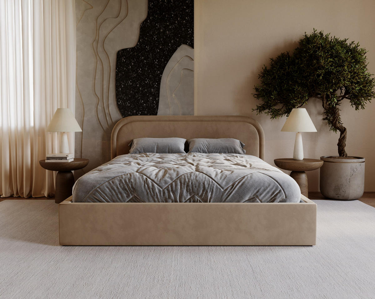 POLSTERBETT 180x200 Dune mit Bettkasten, runde Kopfteil, Samt, Latte - Cappuccino, Holz/Textil (180/200cm) - Emporius