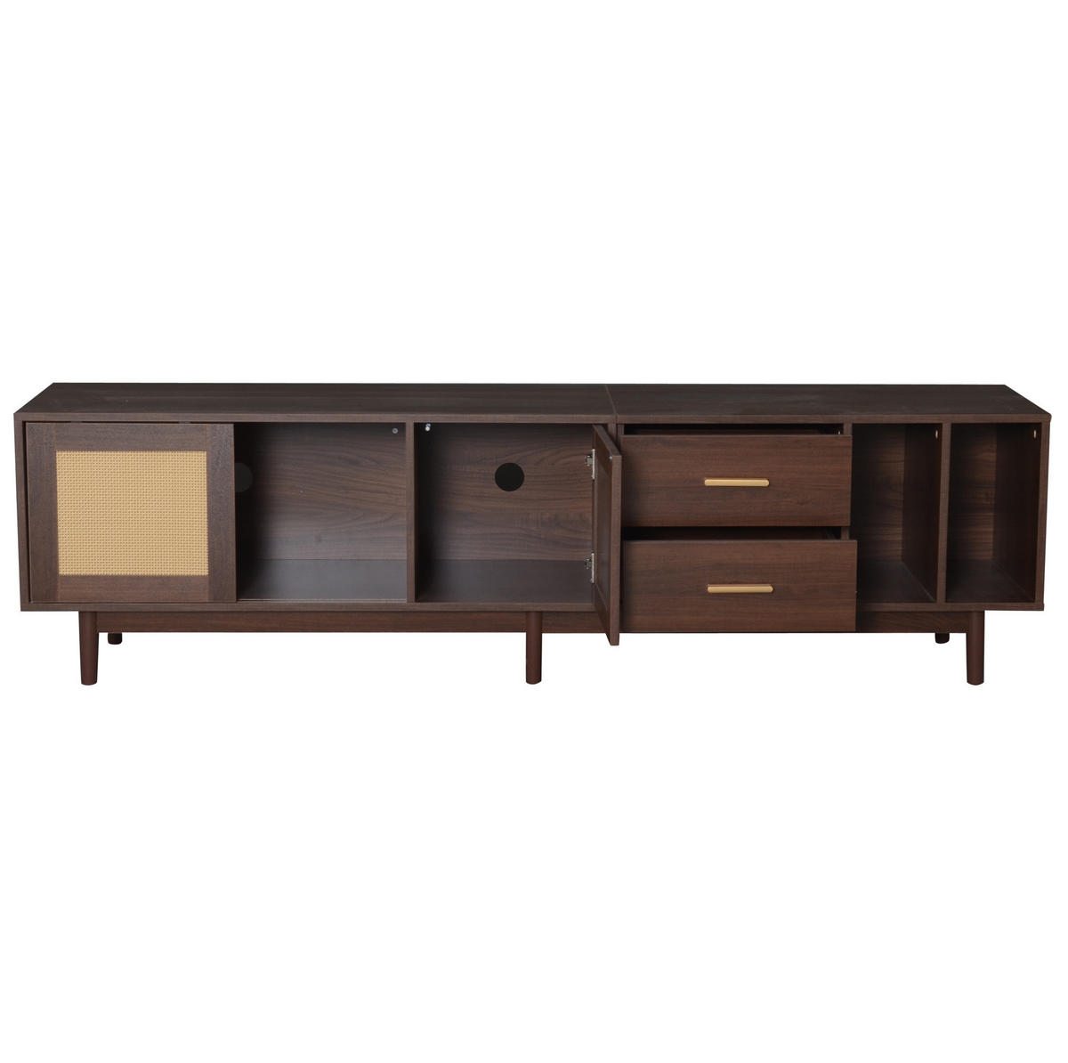 TV-LOWBOARD aus MDF 190x40x52 cm Braun mit Rattanfront, 3 Türen, 2 Schubladen und 2 offenen Fächern - Braun, Holzwerkstoff (190/52/40cm) - Modfu